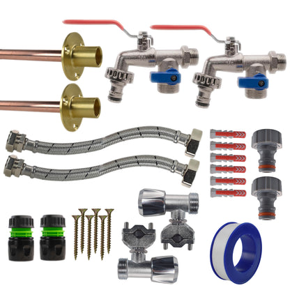 Twin Through-Wall Garden Tap Set – Double Lever Taps