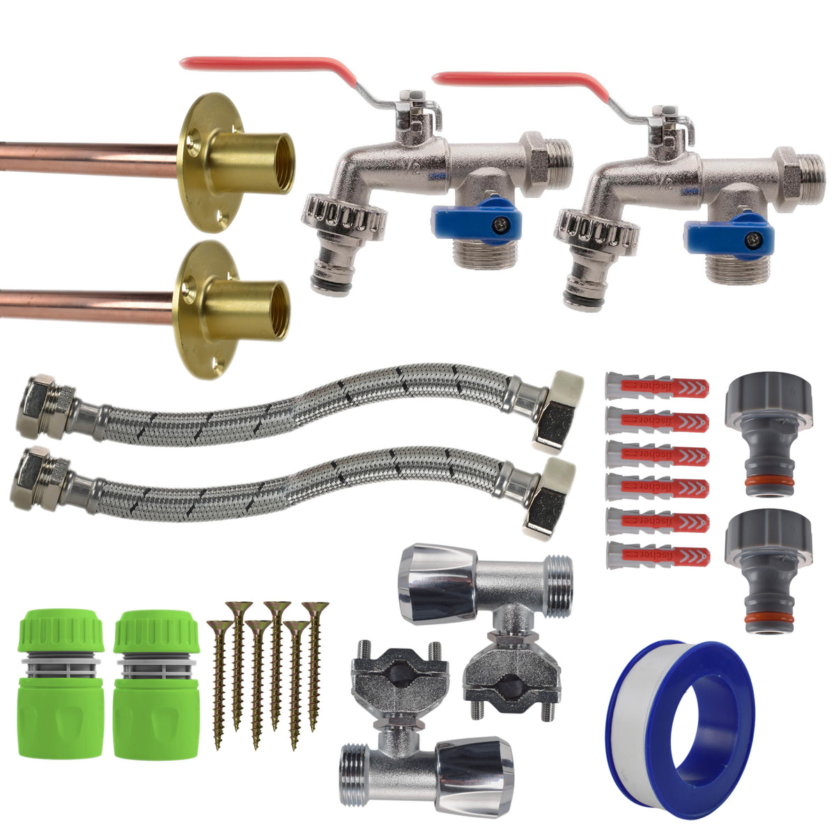 Twin Through-Wall Garden Tap Set – Double Lever Taps