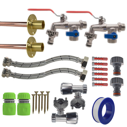 Twin Through-Wall Garden Tap Set – Double Lever Taps