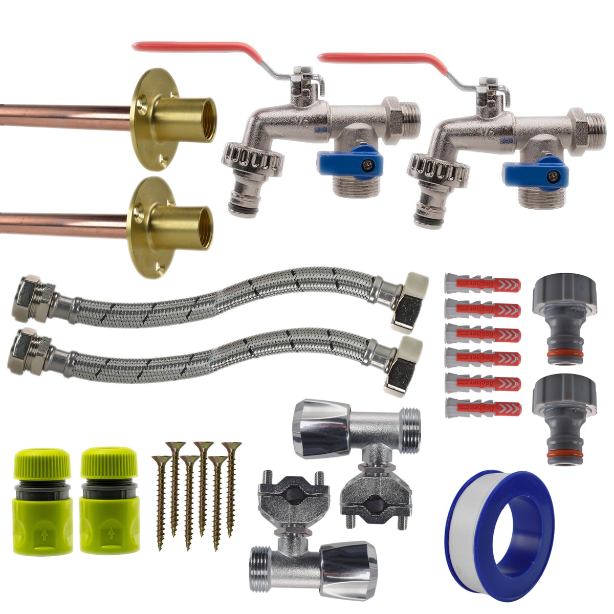 Twin Through-Wall Garden Tap Set – Double Lever Taps