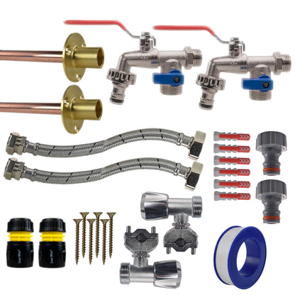 Twin Through-Wall Garden Tap Set – Double Lever Taps