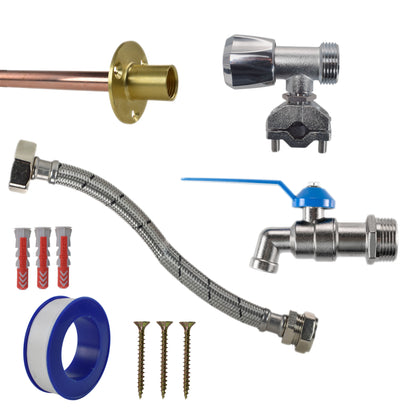 Single-Lever Garden Tap through-wall kit with wall plate, pipe, fixings and self-cutting valve and flexible connector.
