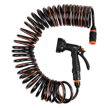 Black and orange 15m spiral hose with nine-pattern spray gun.
