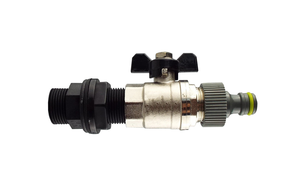 Water-butt tank connector kit with 1″ BSP mounting thread and male snap-on plug after manual valve.