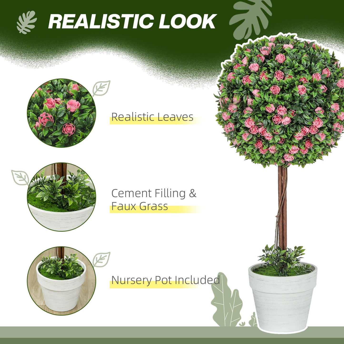 Set of 2 Artificial Plants Ball Topiary Tree with Rose Flower in Pot, 60cm, Pink