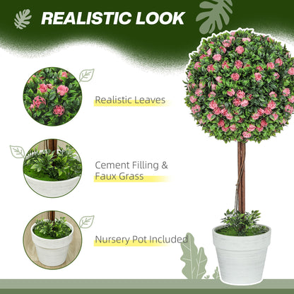 Set of 2 Artificial Plants Ball Topiary Tree with Rose Flower in Pot, 60cm, Pink