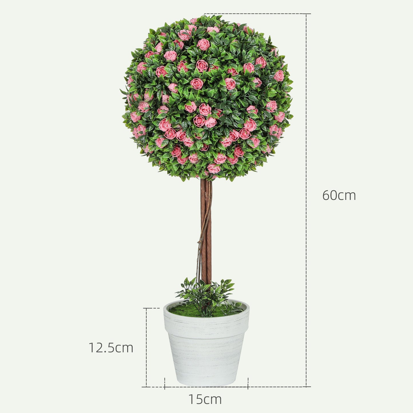Set of 2 Artificial Plants Ball Topiary Tree with Rose Flower in Pot, 60cm, Pink
