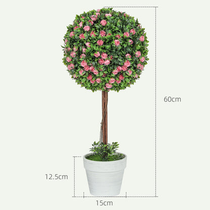 Set of 2 Artificial Plants Ball Topiary Tree with Rose Flower in Pot, 60cm, Pink