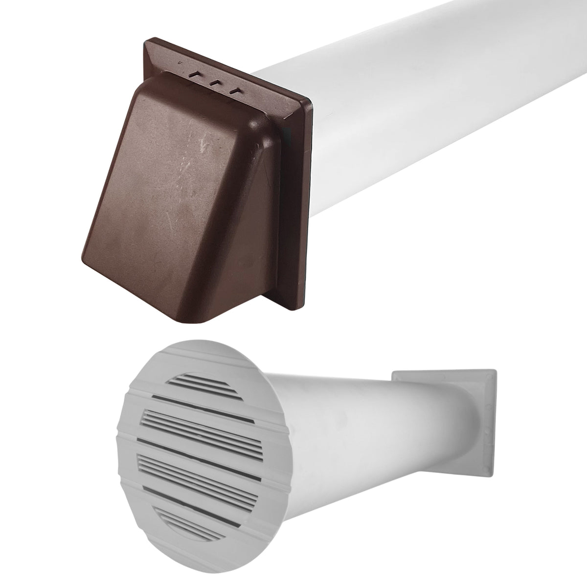 Through-wall ventilation kit with white Bella Round inner grille, white duct and brown external hood.