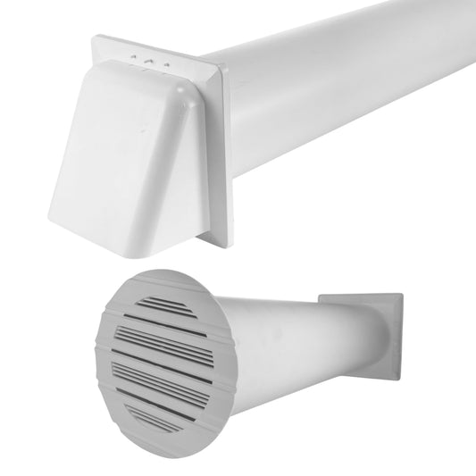 Through-wall ventilation kit with white Bella Round inner grille, white duct and white external hood.