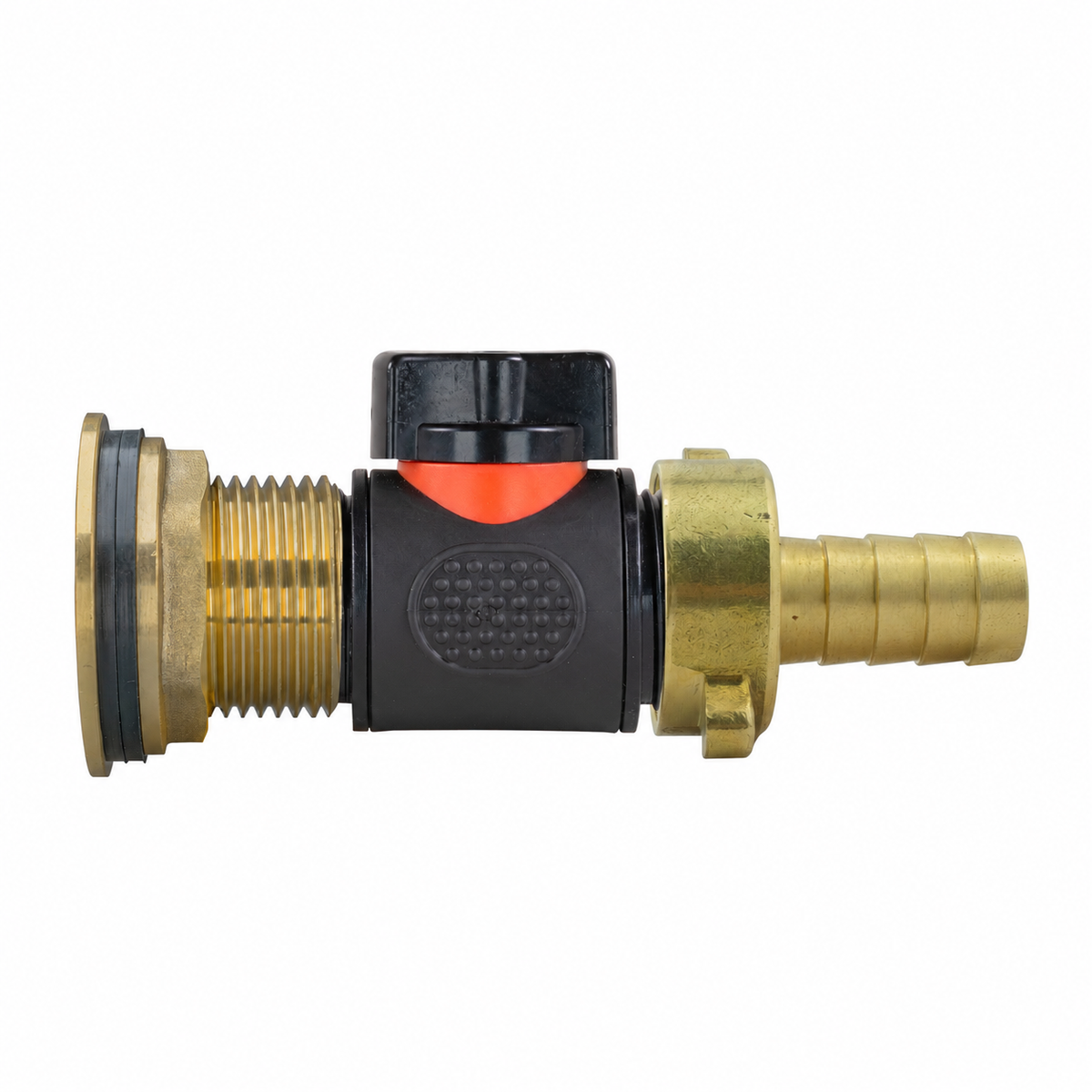 Brass tank adapter with black/orange inline valve and brass hose barb.