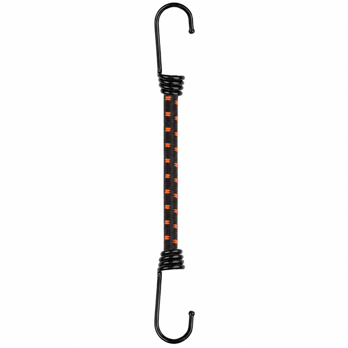 Bungee cord with two black metal hooks on a white background