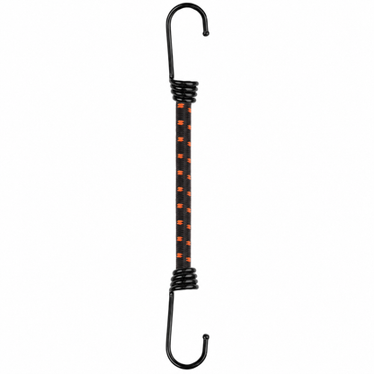 Bungee cord with two black metal hooks on a white background