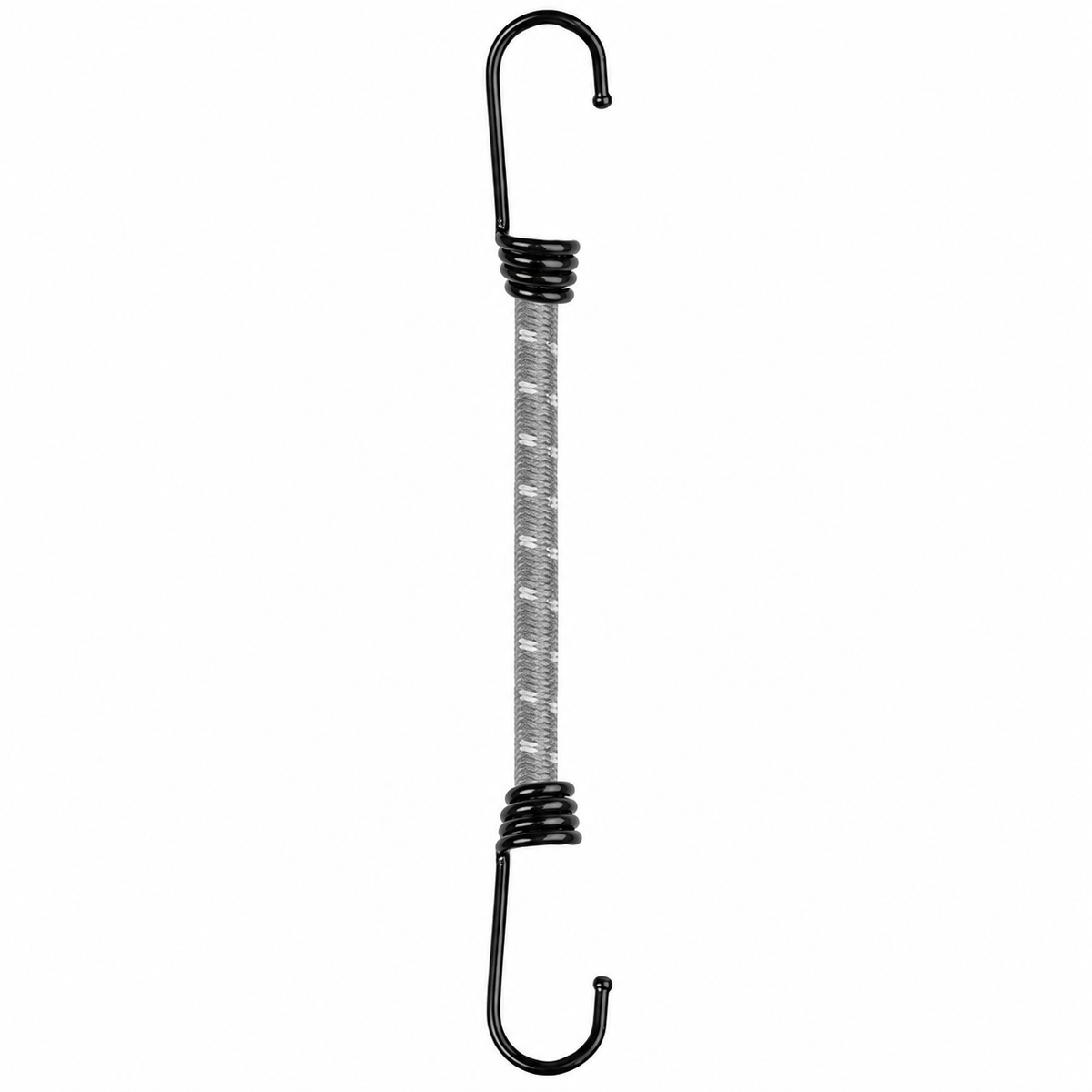 Bungee cord with two black metal hooks on a white background