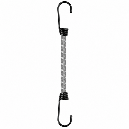 Bungee cord with two black metal hooks on a white background