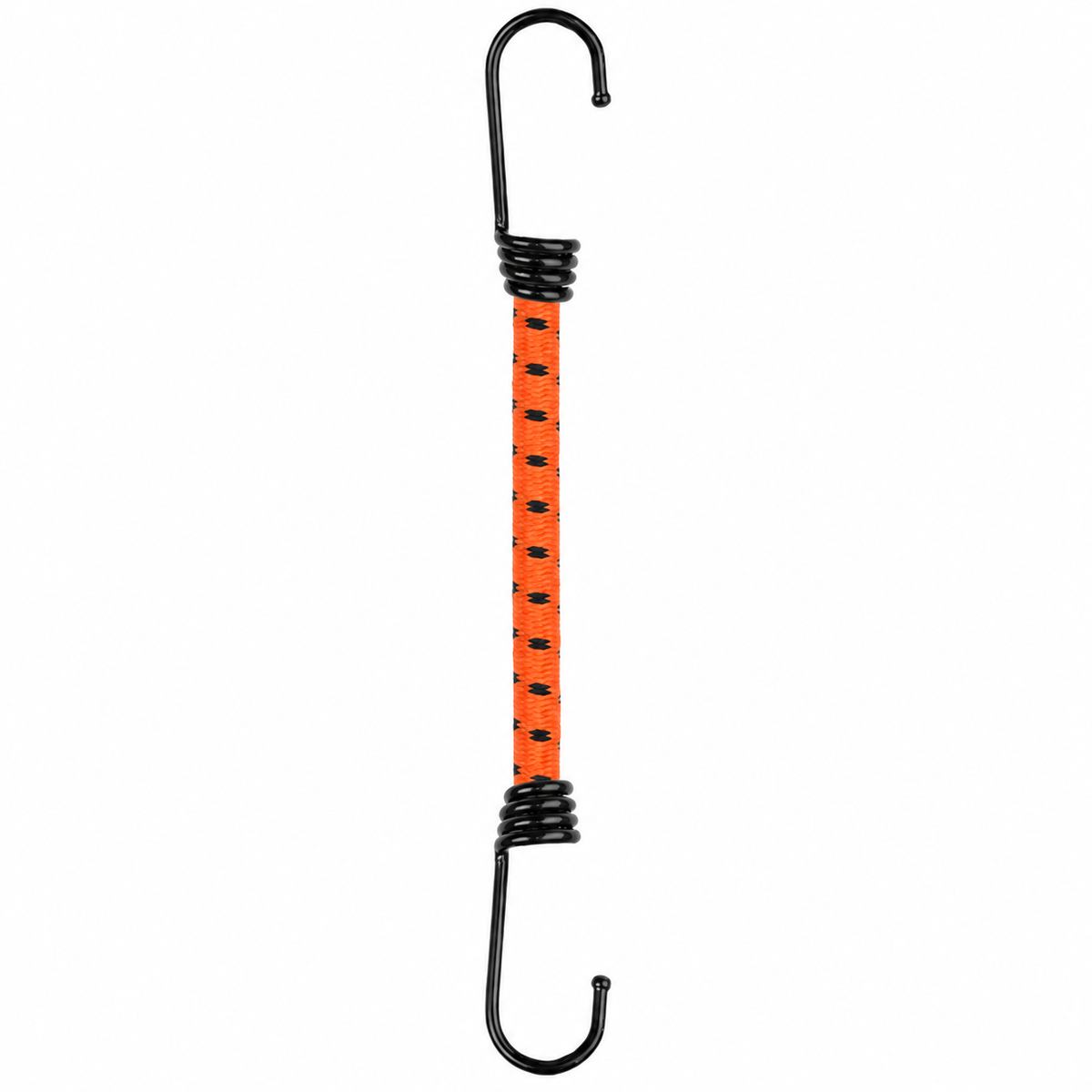 Bungee cord with two black metal hooks on a white background