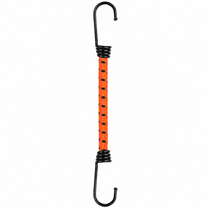 Bungee cord with two black metal hooks on a white background