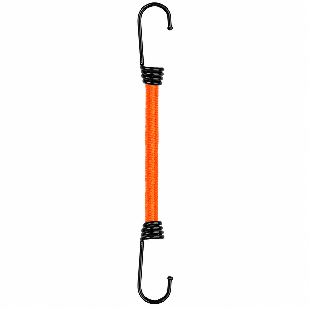 Bungee cord with two black metal hooks on a white background