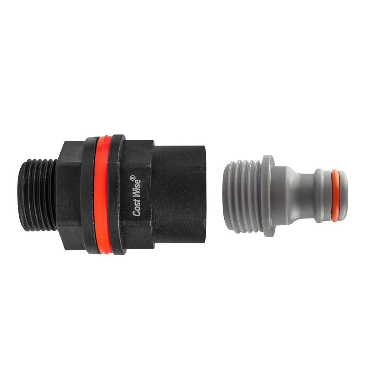 Water-butt tank connector kit with ½″ BSP mounting thread and male snap-on quick-connect plug.