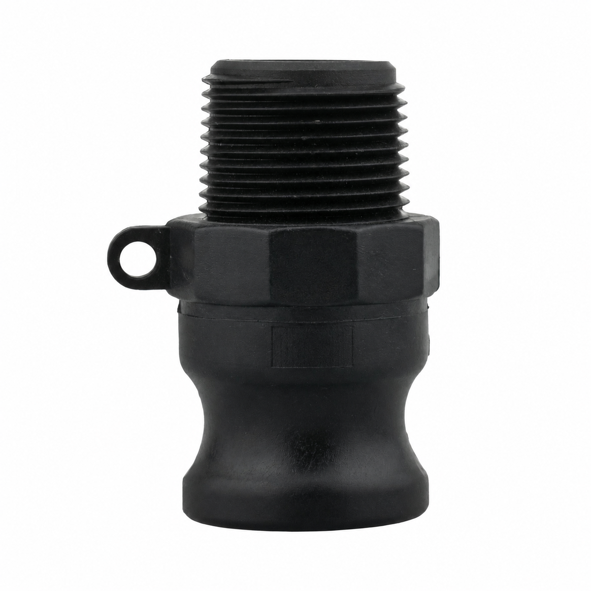Black polypropylene Type F male camlock adapter with male thread