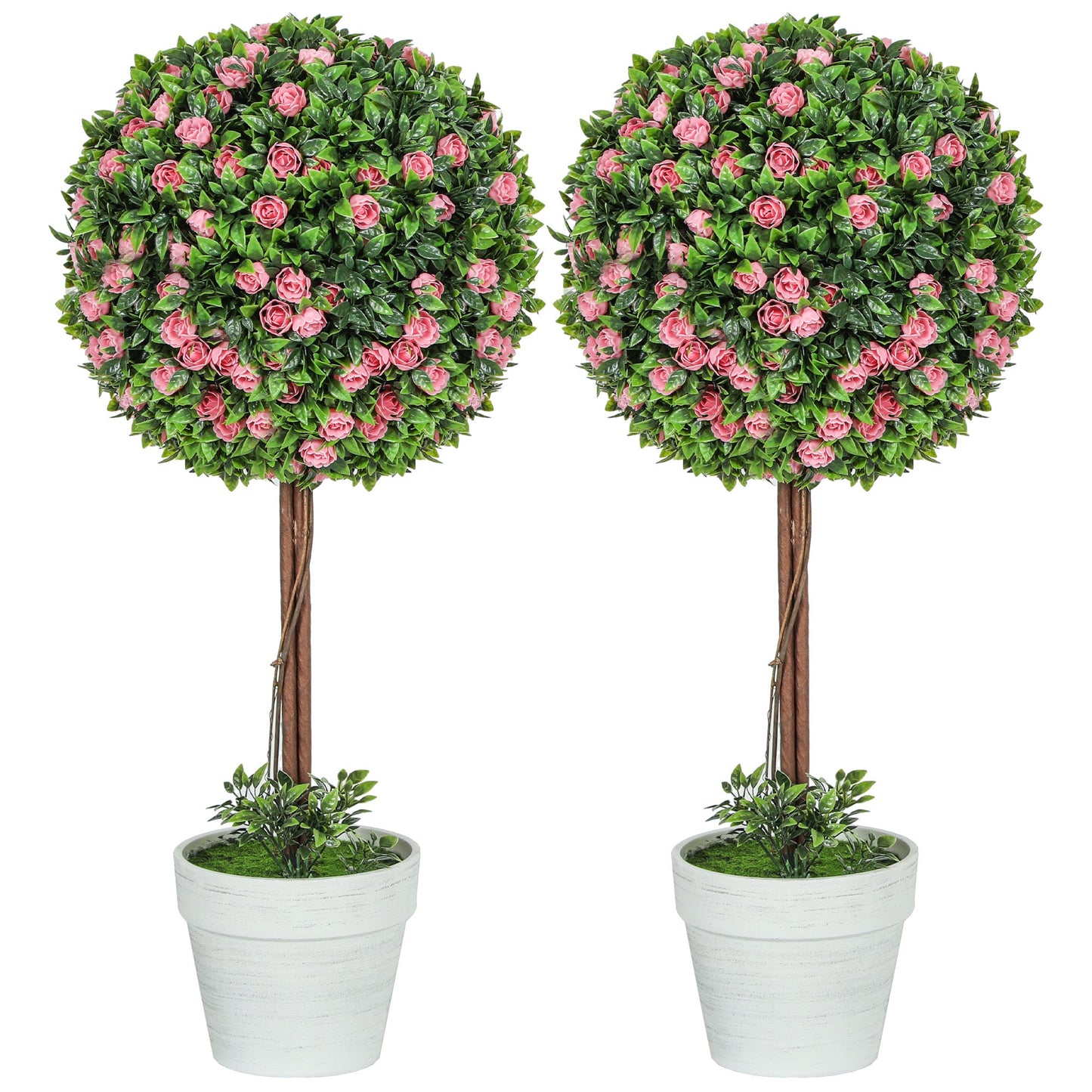 Set of 2 Artificial Plants Ball Topiary Tree with Rose Flower in Pot, 60cm, Pink