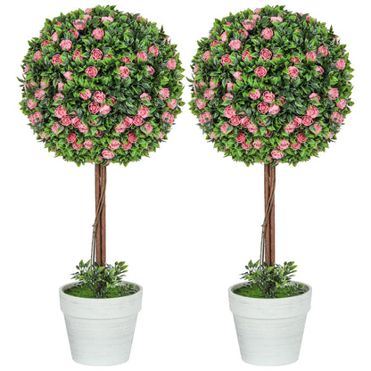 Set of 2 Artificial Plants Ball Topiary Tree with Rose Flower in Pot, 60cm, Pink