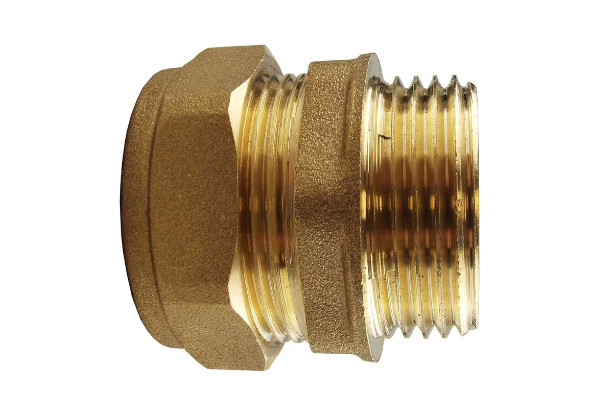 Brass Compression Adapter – 15mm Pipe × ¾″ BSP Male