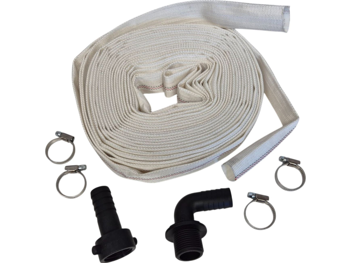 White Lined Layflat Hose Kit – Female Straight & Male Elbow; selected size/length supplied.