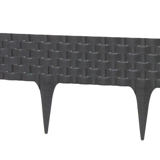 Deep-grey plastic rattan-effect lawn edging section with integrated ground stakes; three sections supplied.