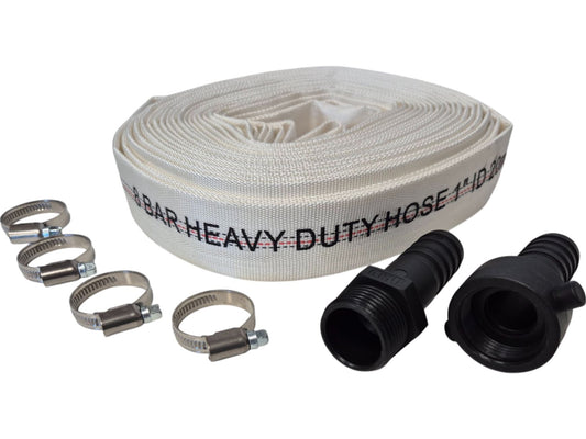 White Lined Layflat Hose Kit – Male & Female Straight Fittings; selected size/length supplied.