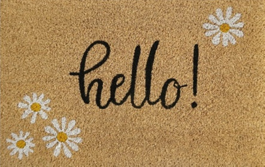'Hello!' Daisy Print Coir Fibre Doormat with Rubber Backing (60cm x 40cm)