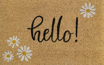'Hello!' Daisy Print Coir Fibre Doormat with Rubber Backing (60cm x 40cm)