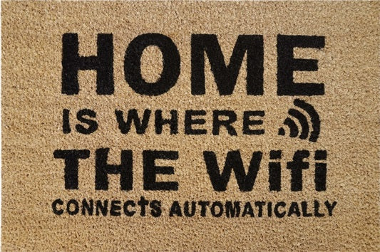 'Home Is Where The WiFi Connects Automatically' Coir Fibre Doormat with Rubber Backing (60cm x 40cm)