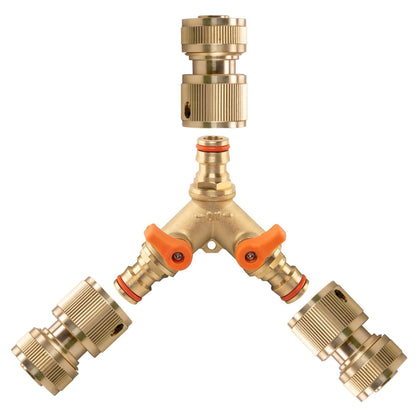 Brass Y Hose Splitter Kit – Two Valves & Three ½″ Sockets