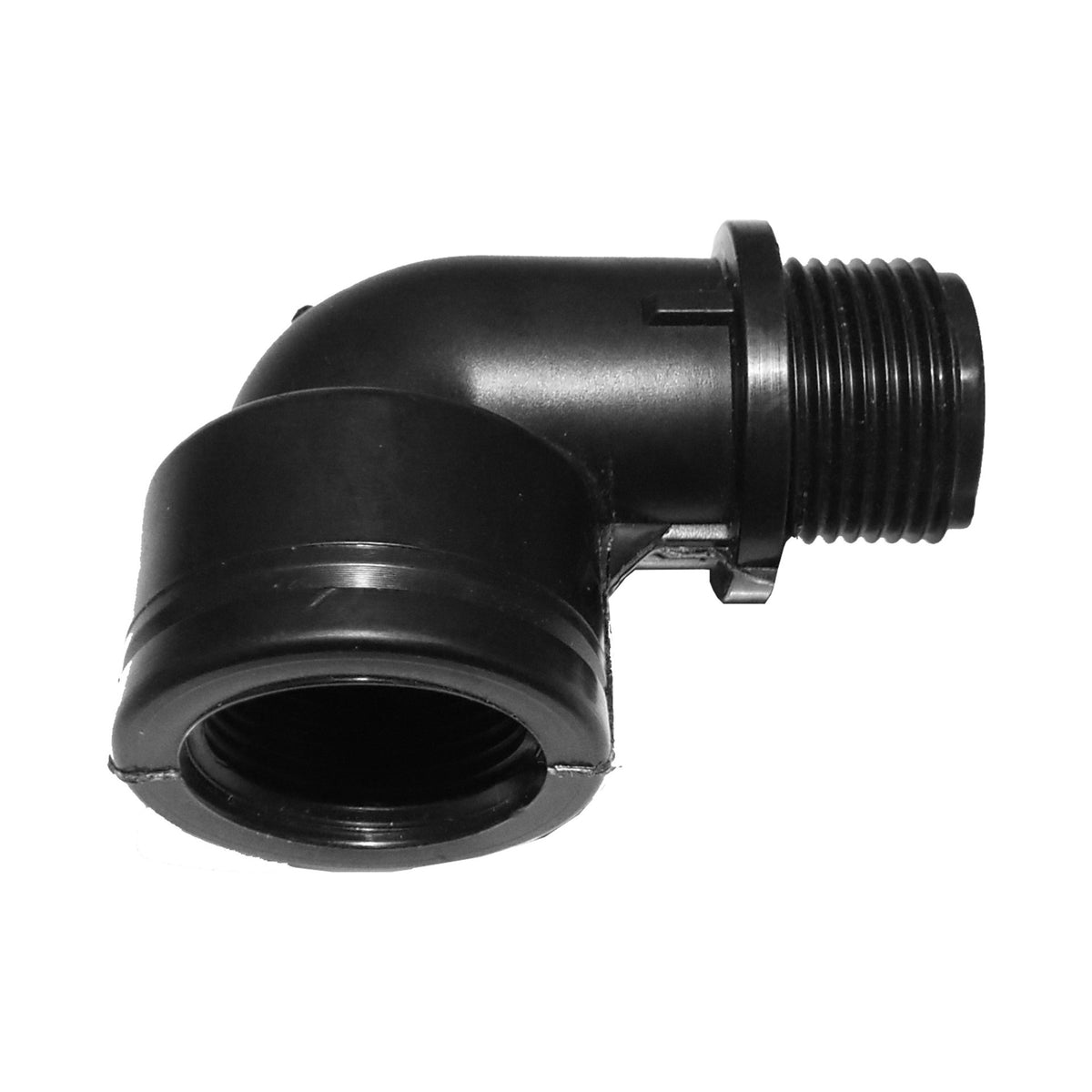 Black 1½″ BSP90-degree elbow with male and female threaded ends.