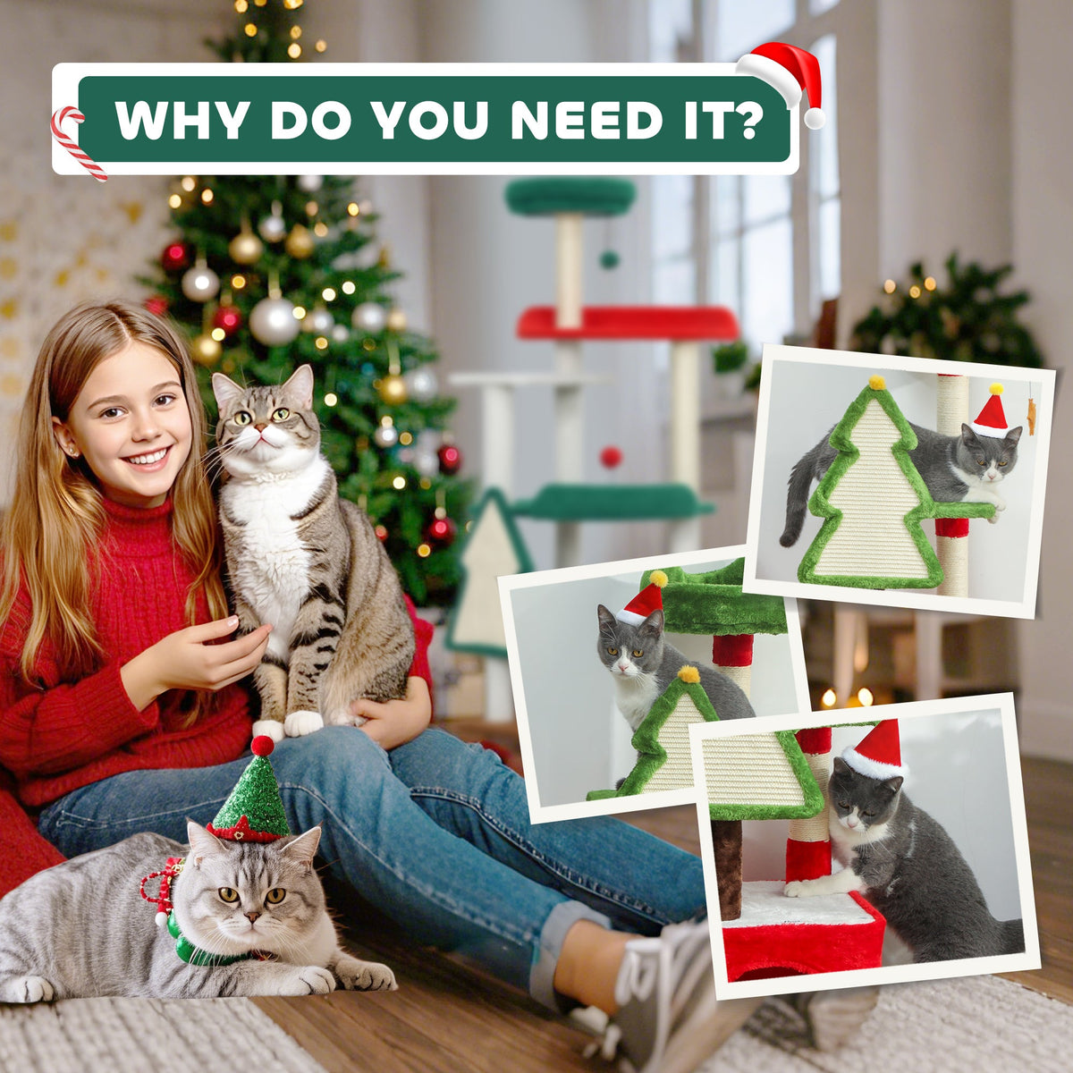 PawHut Christmas Cat Tree, 120cm Tower with Scratching Post & Board