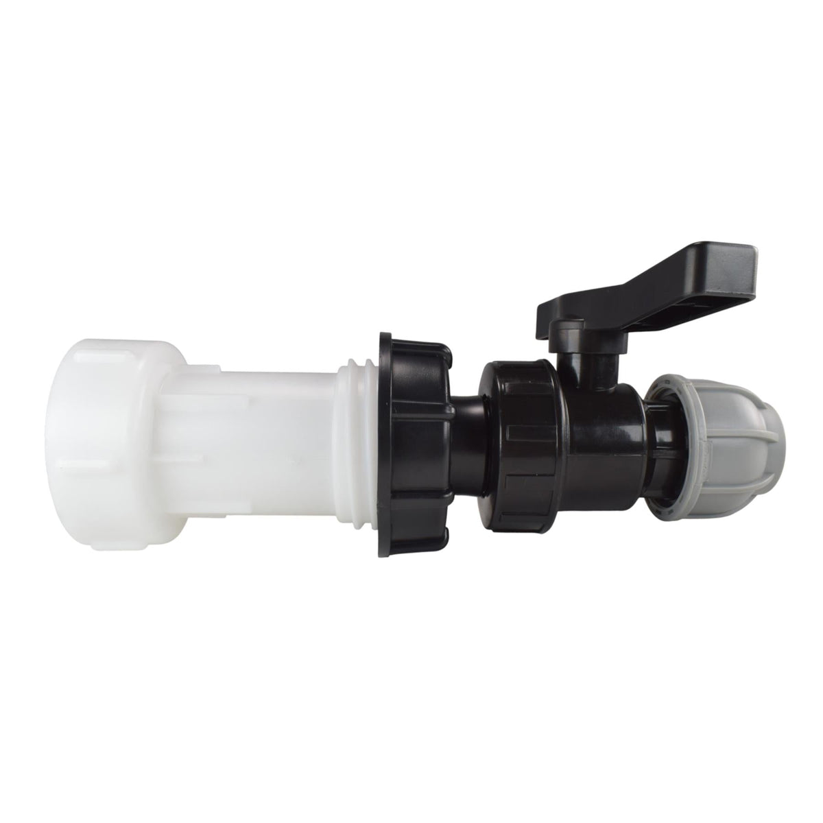 S60X6 IBC extension, black cap and 32mm MDPE valve with grey compression fitting.