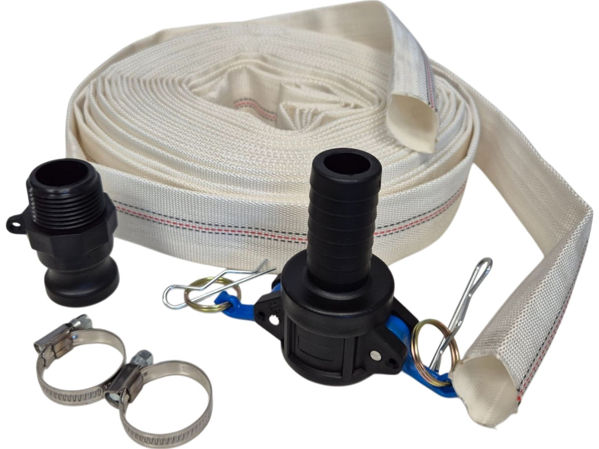 White Lined Layflat Hose Kit – Camlock Type C + F; selected size/length supplied.