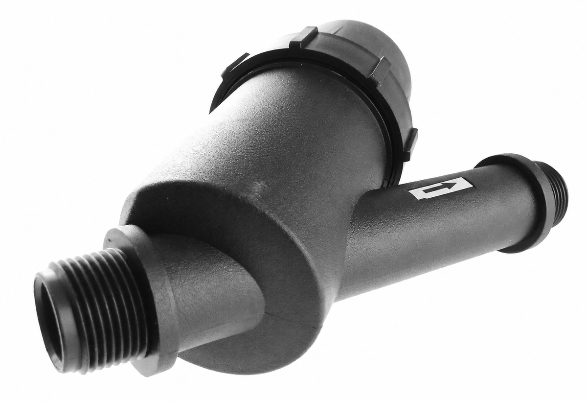 Black irrigation screen filter with male threaded connections and flow-direction arrow; size in listing details