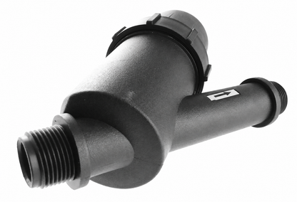 Black irrigation screen filter with male threaded connections and flow-direction arrow; size in listing details