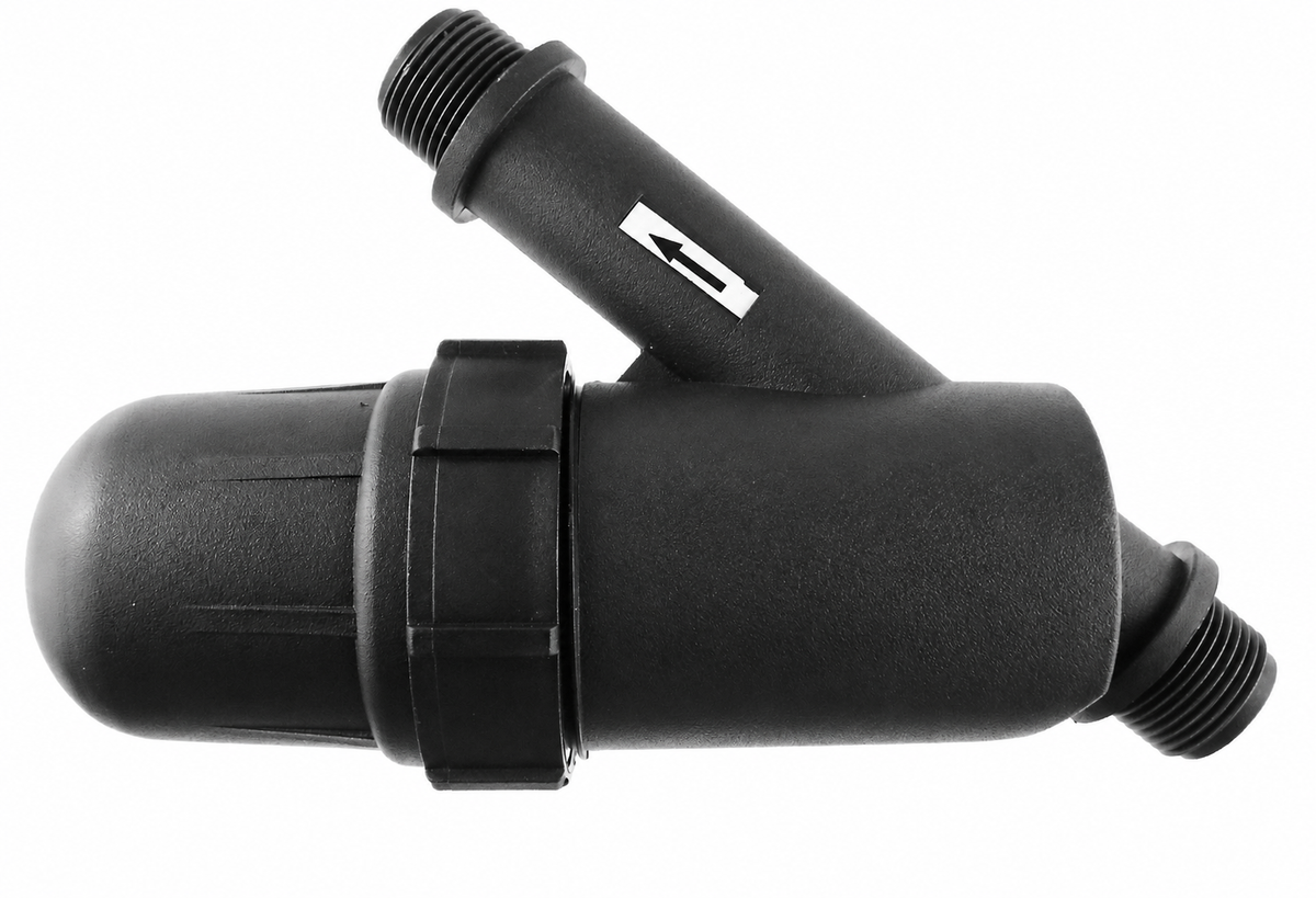 Black threaded irrigation screen filter side view; connection size stated in listing