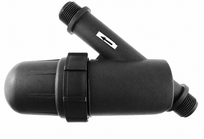 Black threaded irrigation screen filter side view; connection size stated in listing