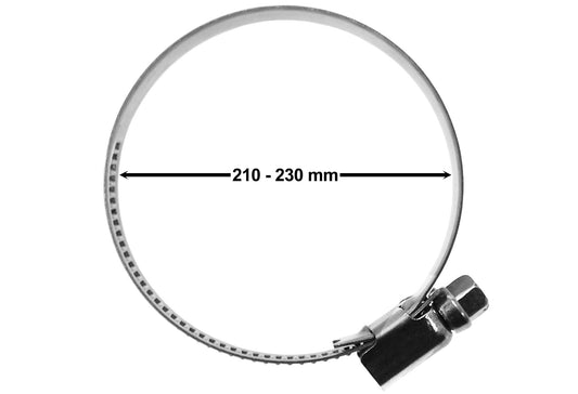 Single 210–230mm A2 stainless steel hose clip with screw adjustment.