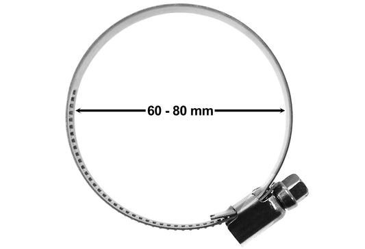 Single 60–80mm A2 stainless steel hose clip with screw adjustment.