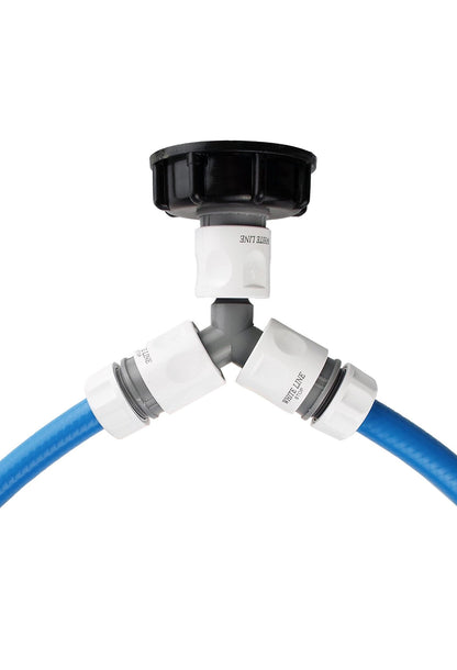 S60X6 IBC cap with a grey-and-white three-way hose splitter, shown with demonstration hoses.