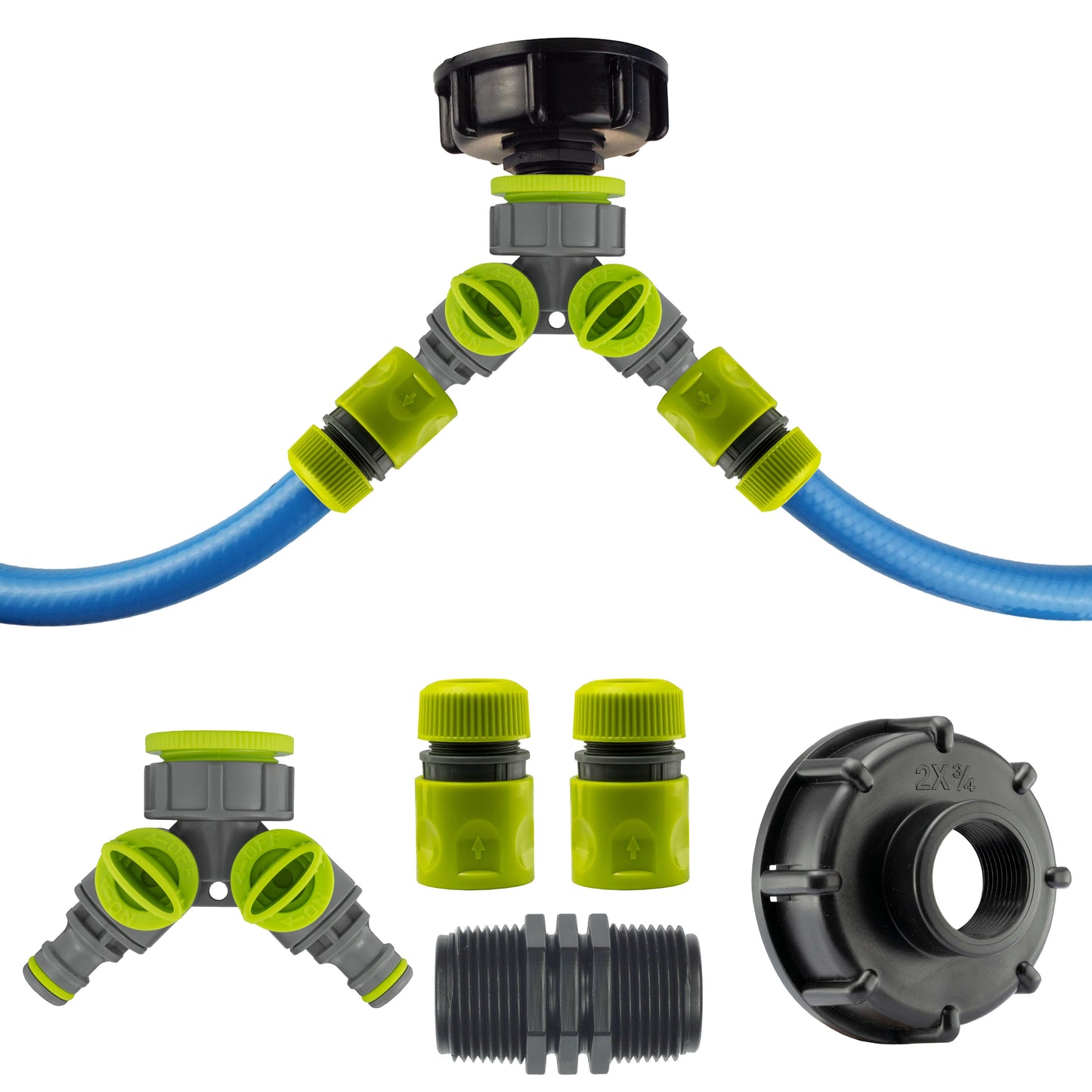 IBC 2" S60X6 Cap with Two Way Valved Splitter and Hose Connectors