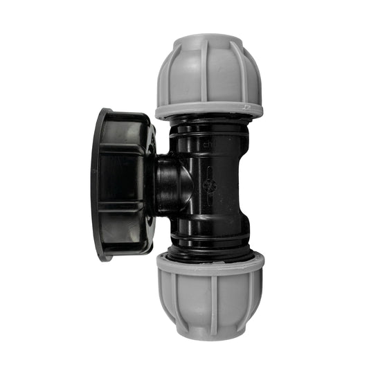 IBC S60X6 Cap with 32mm MDPE Compression Tee; supplied product shown.