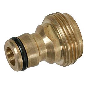 Brass adapter with ¾″ BSP male thread and snap-on male hose connector with black sealing ring.