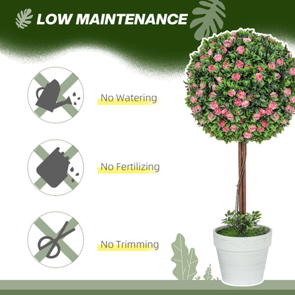 Set of 2 Artificial Plants Ball Topiary Tree with Rose Flower in Pot, 60cm, Pink