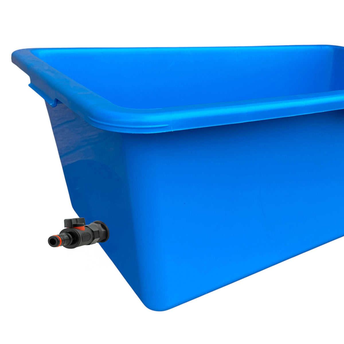 Blue rectangular dog bath with black/orange drain valve at the lower side.